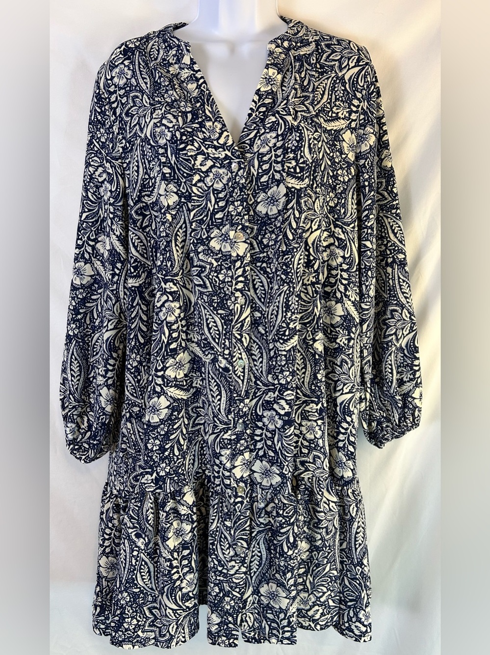 Rachel Zoe Navy White Floral Paisley Button Front Shirt Dress Large